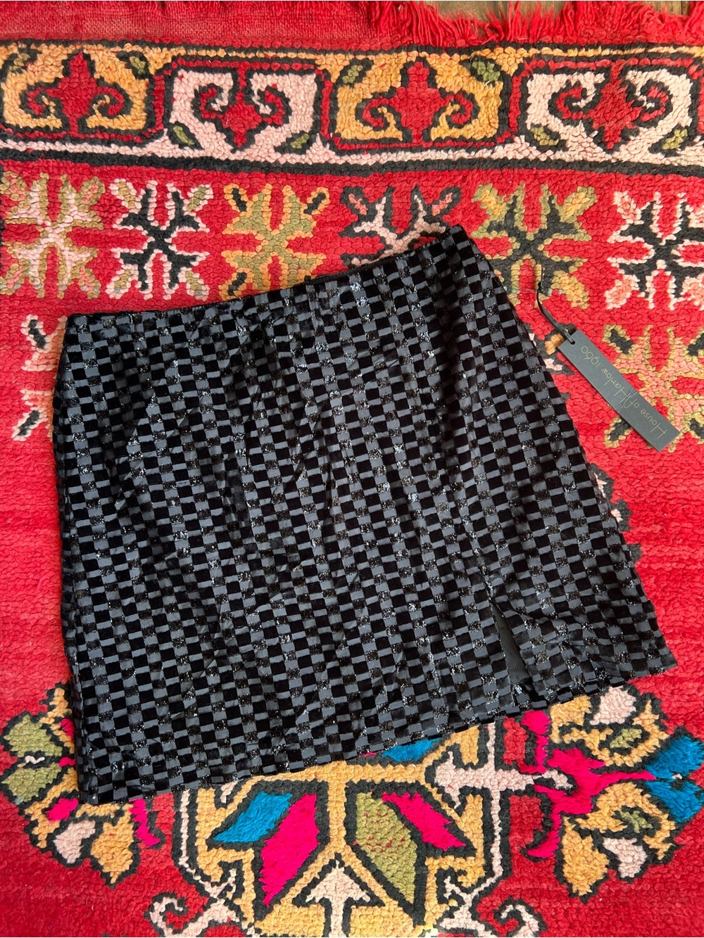 Black Checkerboard Velvet Mini Skirt -